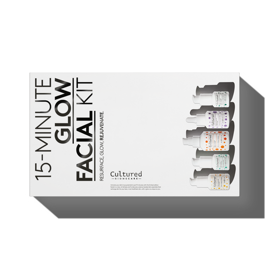 White box containing Facial Kit - Set of five products by by Cultured Biomecare for 15 minute glow