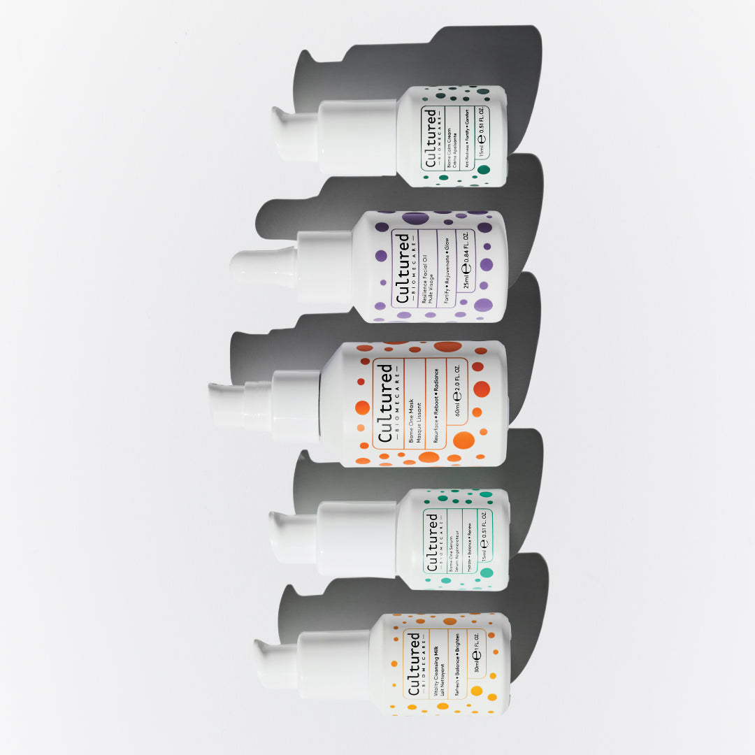 Line up of the five products included inside the Facial Glow Kit by Cultured Biomecare