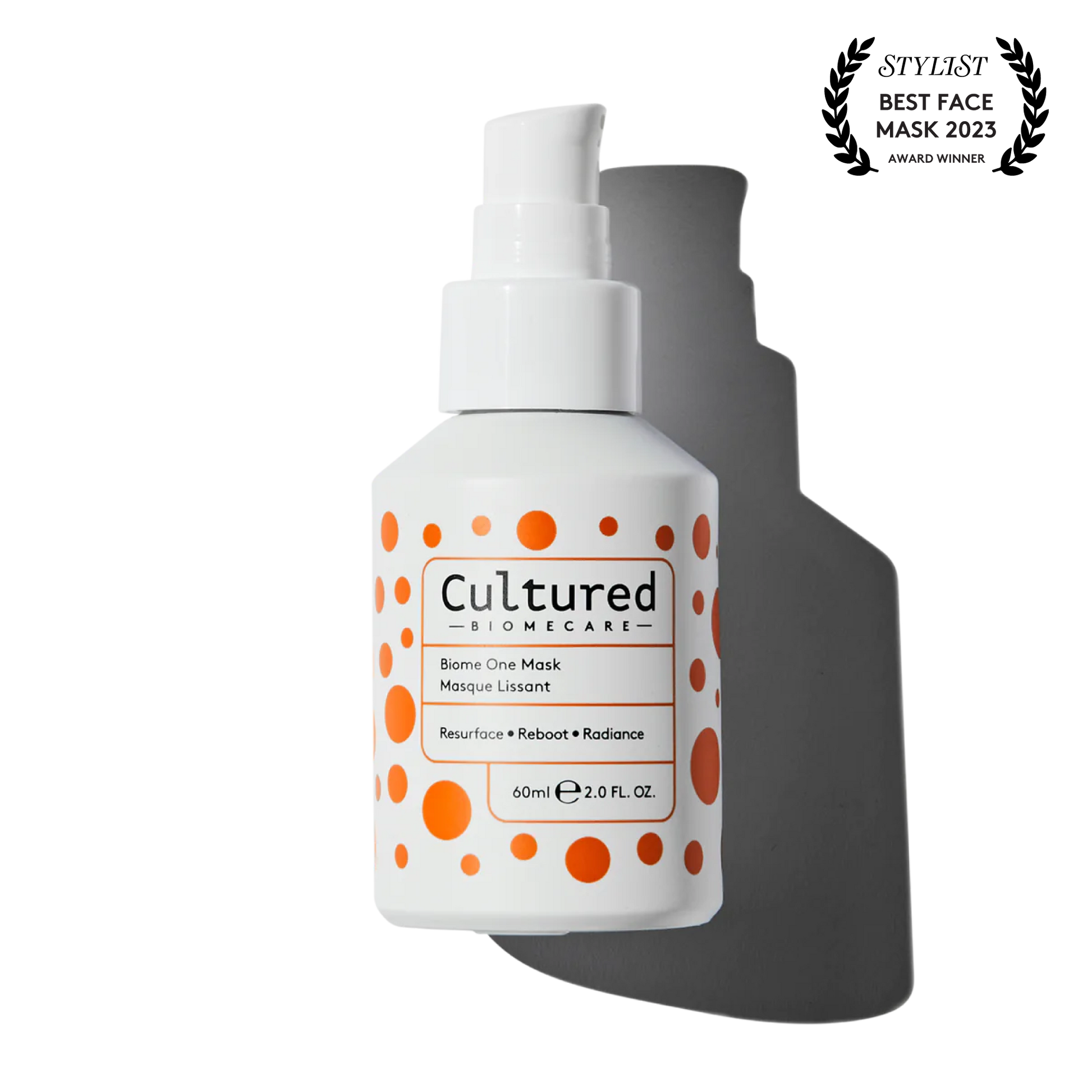 a close up bottle of Cultured Biome One Mask with a Women's Health 'Best Face Mask' award logo in the top right