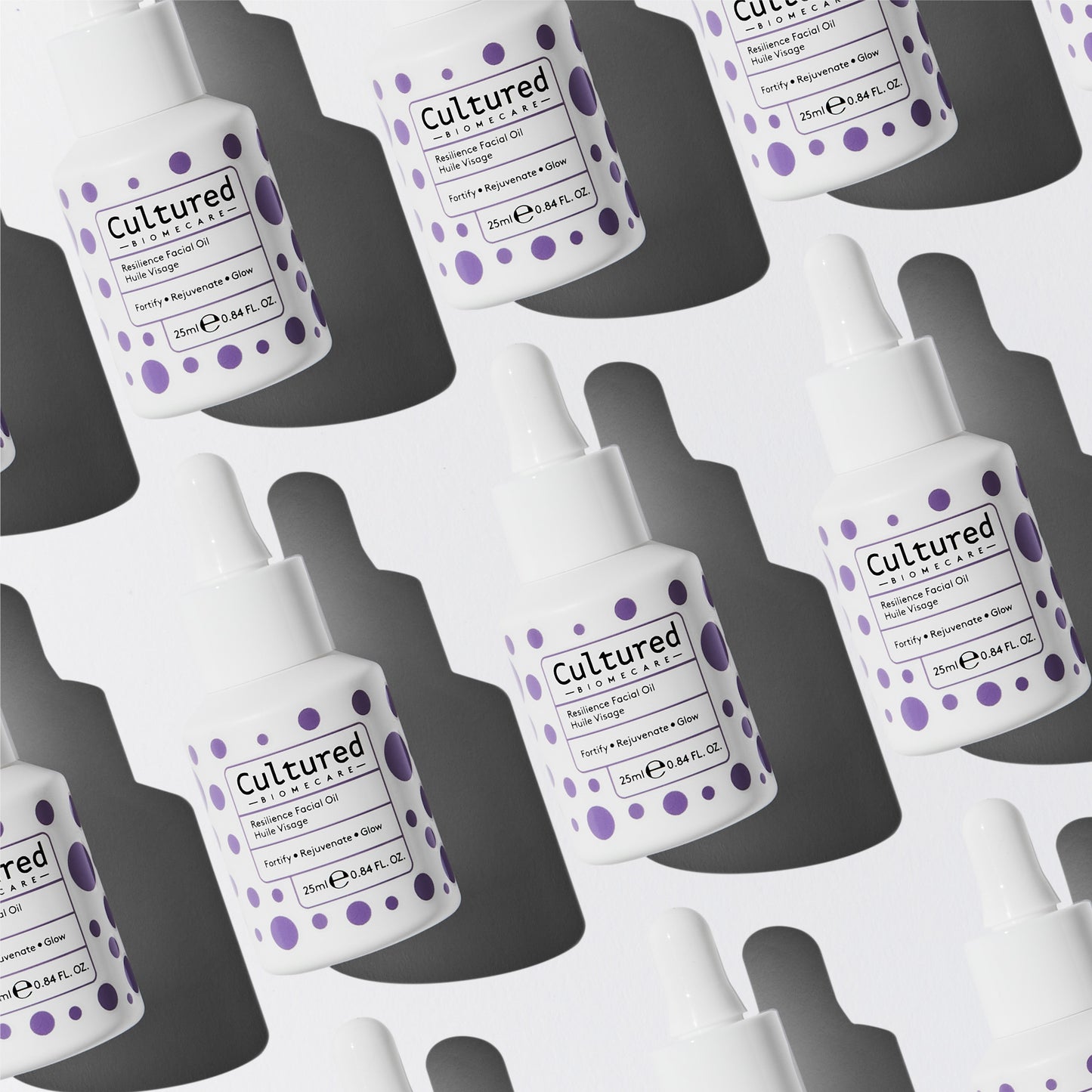 High level shot of the Resilience Facial Oils sat in rows.