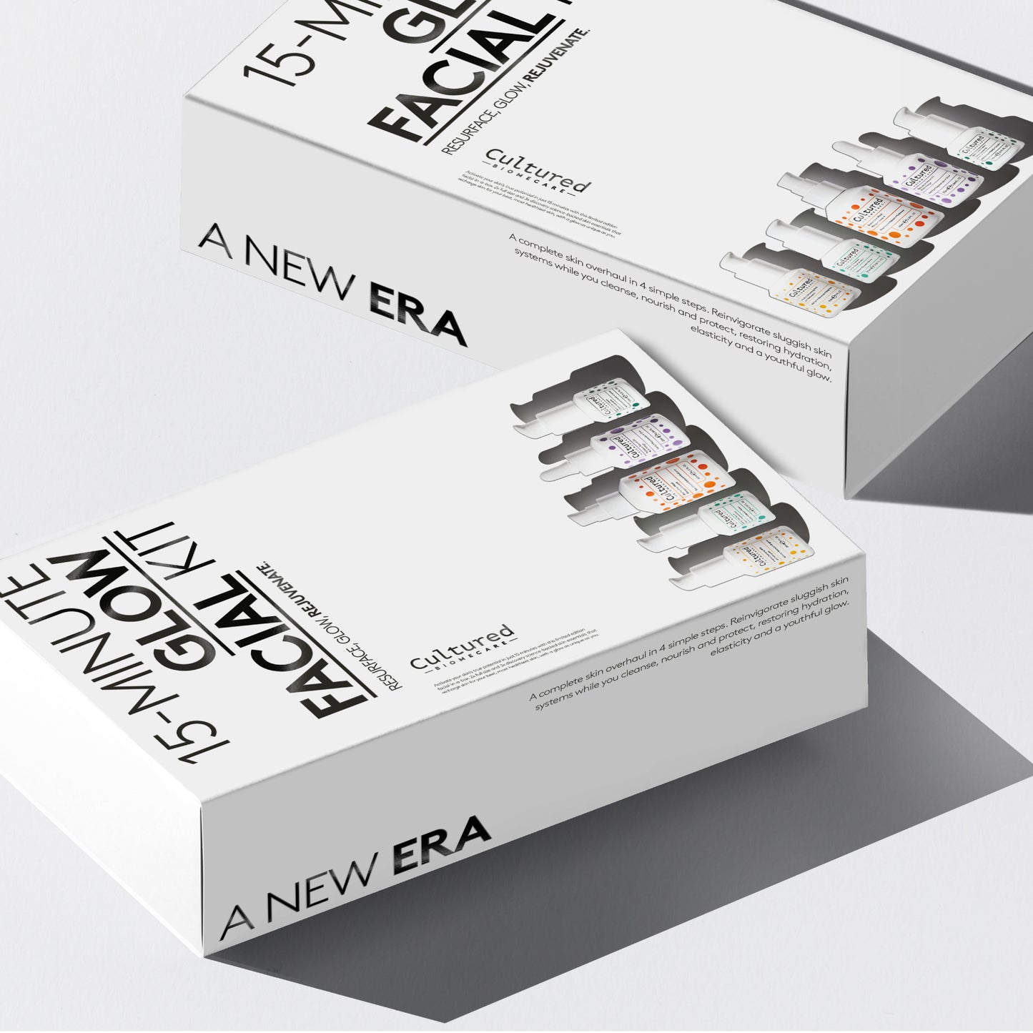 White box containing Facial Kit - Set of five products by Cultured Biomecare for 15 minute glow