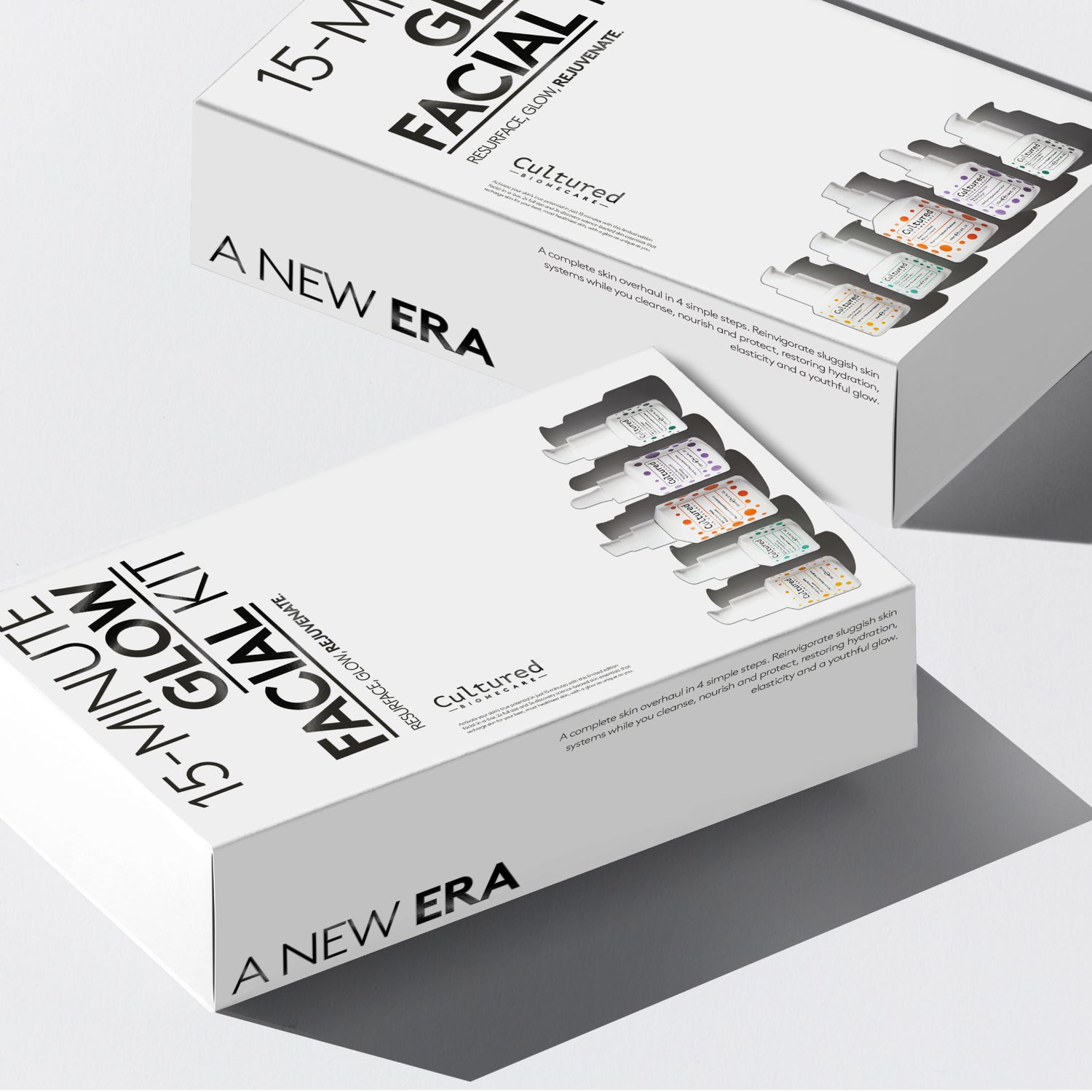 White box containing Facial Kit - Set of five products by Cultured Biomecare for 15 minute glow