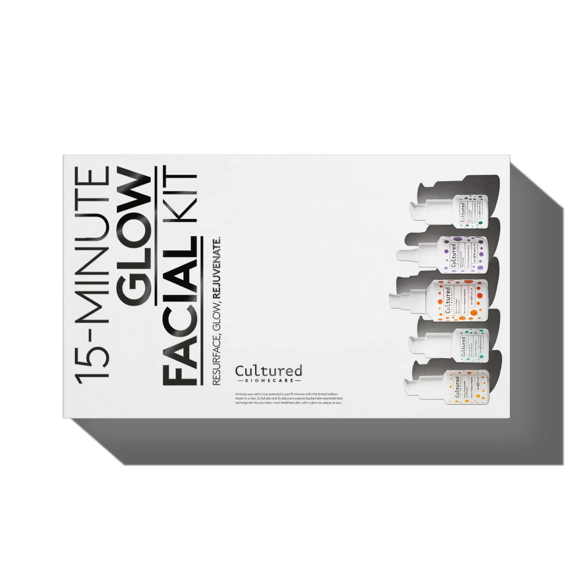 White box containing Facial Kit - Set of five products by by Cultured Biomecare for 15 minute glow