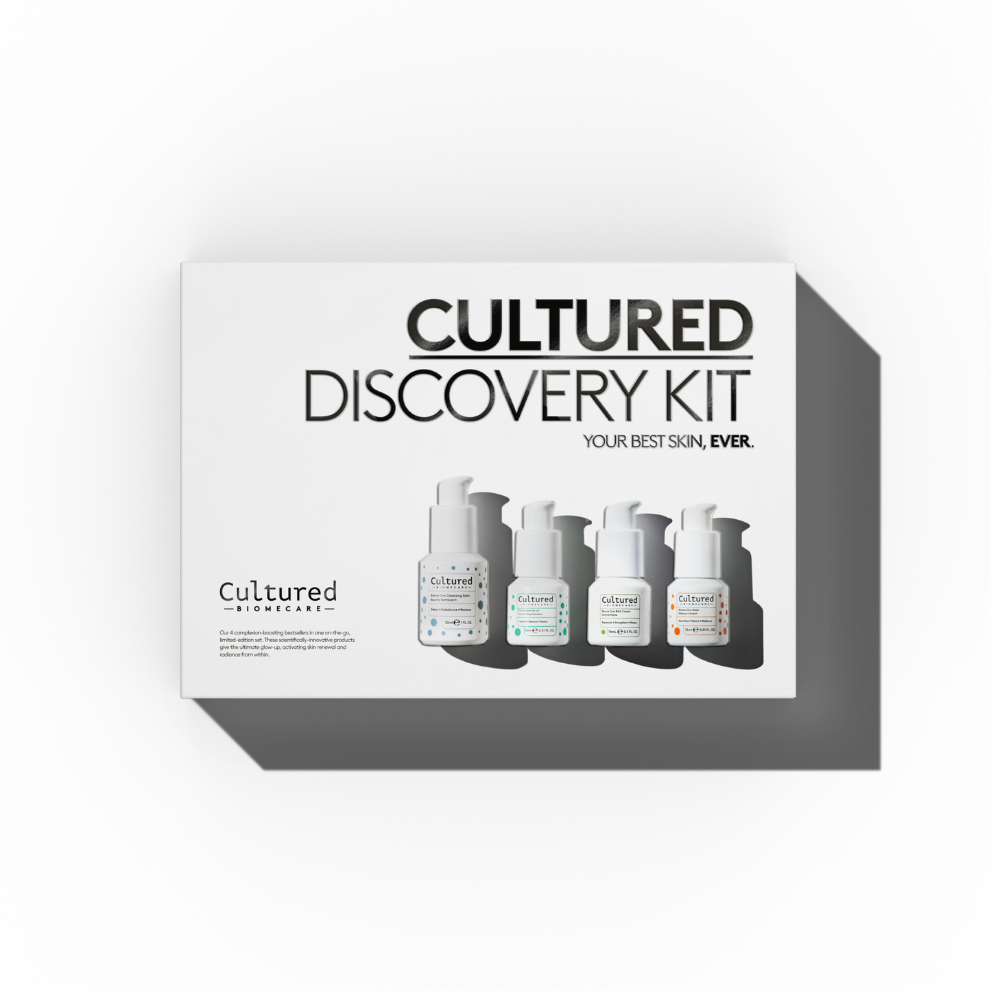 Close up Cultured Discovered Kit featuring four products for best skin.