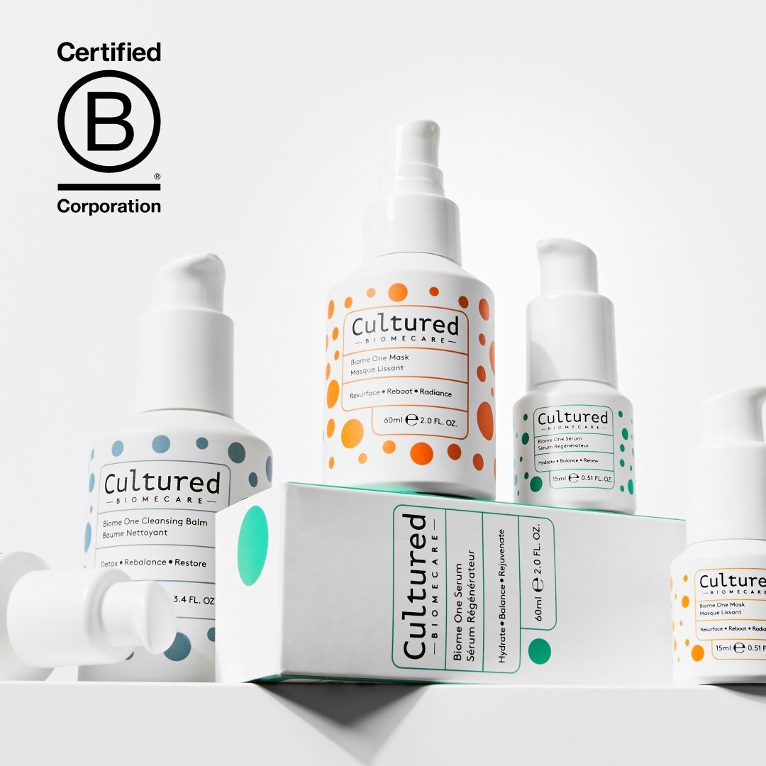 Low angle of 5 of the Cultured Biomecare products at different heights. 2 sit on a Cultured Biomecare box on its side.
