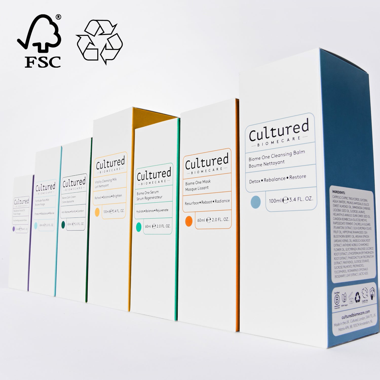 The culture biomecare products in their white packaging in a row. Each one has a different colour on its two sides.