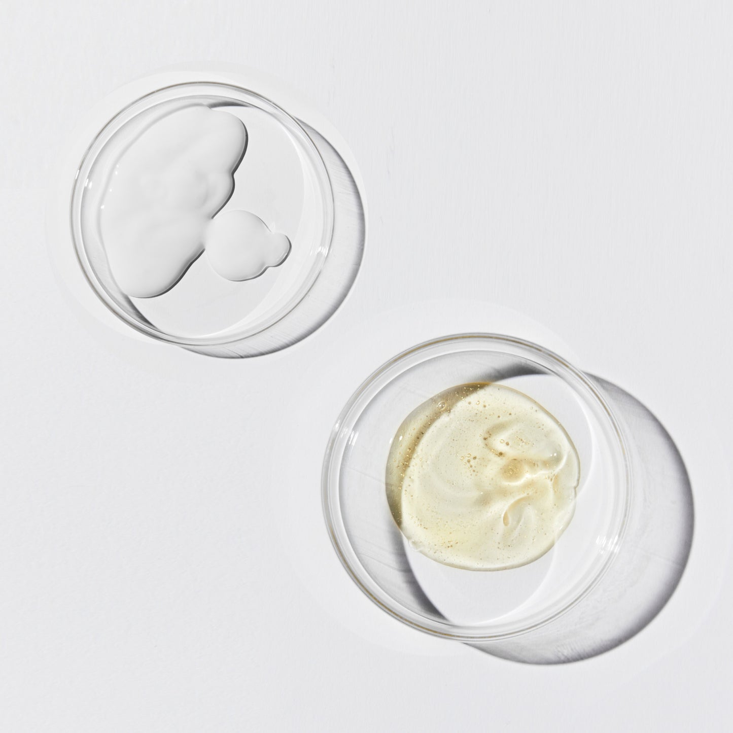 Two shallow, clear dishes. One contains a white opaque liquid, the other a translucent yellow liquid.