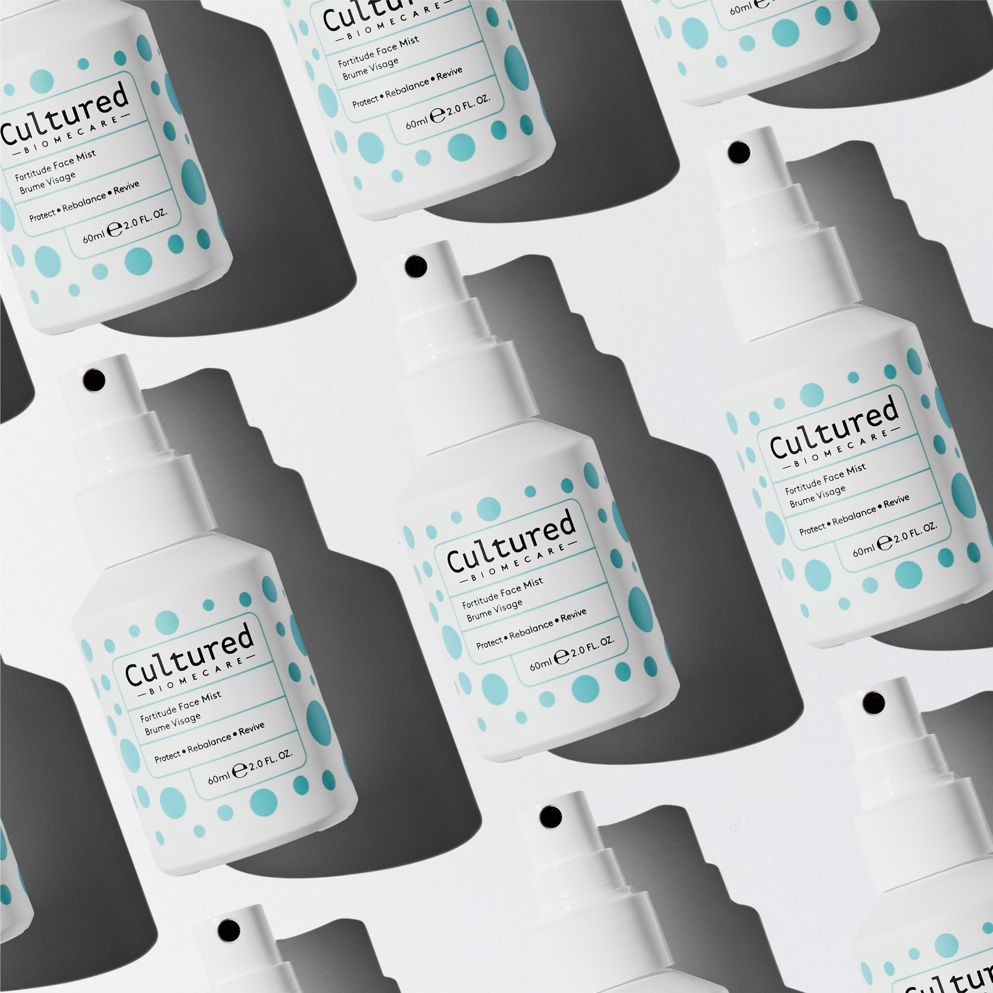Aerial shot of the Cultured Biomecare Face Mists lying on their backs.